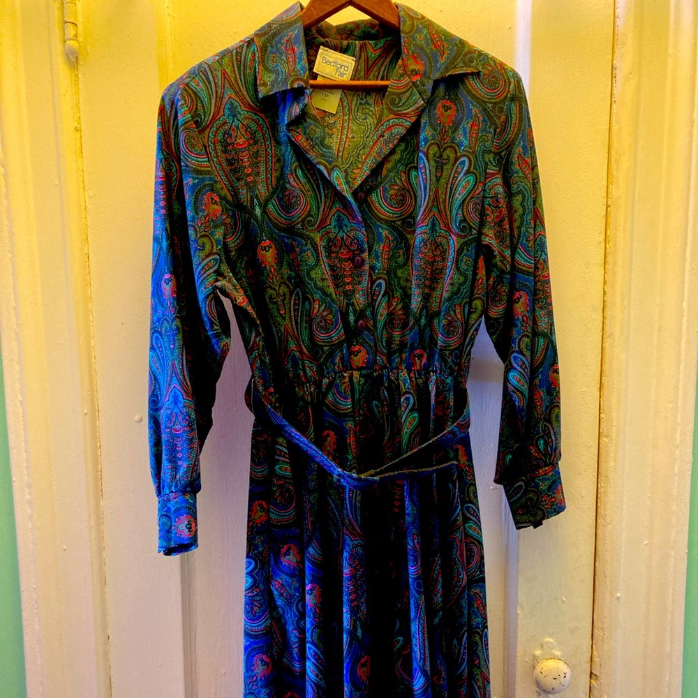 Blue paisley vintage 80’s shirtwaist dress 12P